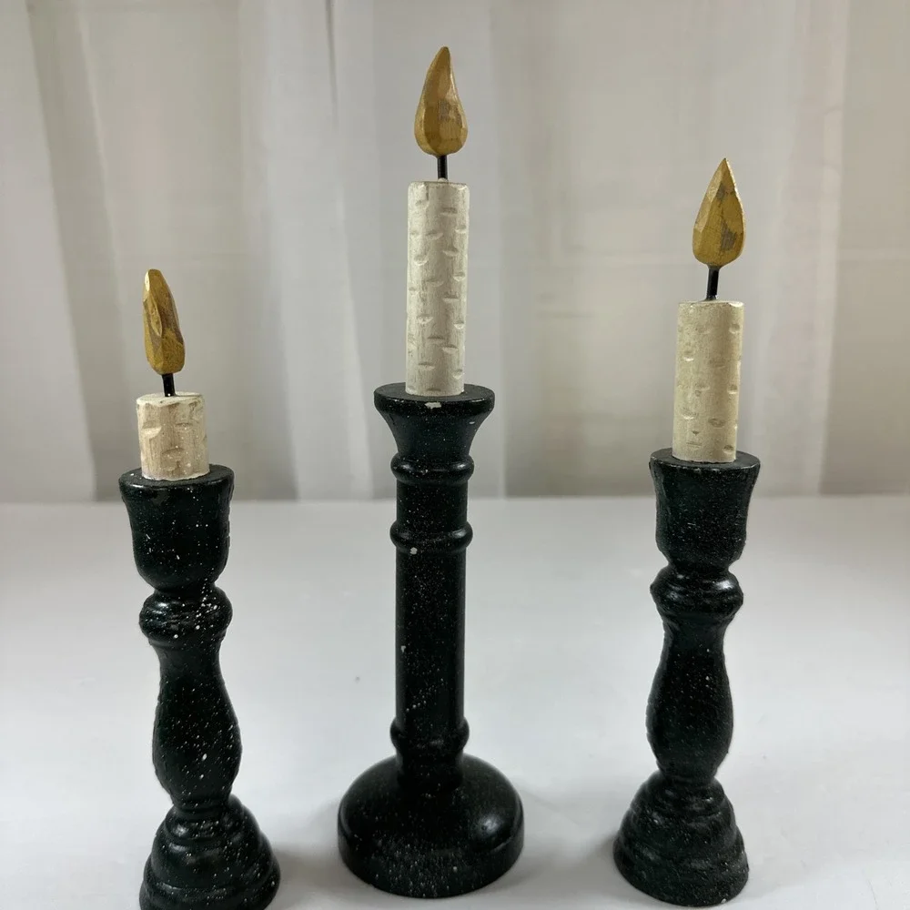 Set Of 3 Wooden Candlesticks. Dark Green/Black.‎ Vintage Country